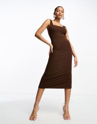 Asos Design Square Neck Softline Midi Dress In Chocolate-brown