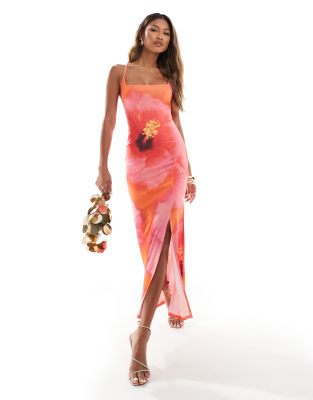 Asos Design Square Neck Strappy Back Cami Maxi Dress In Oversized Pink Floral Print-multi