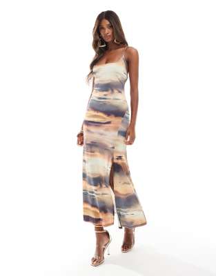 Asos Design Square Neck Strappy Back Cami Maxi Dress In Sunset Print-multi