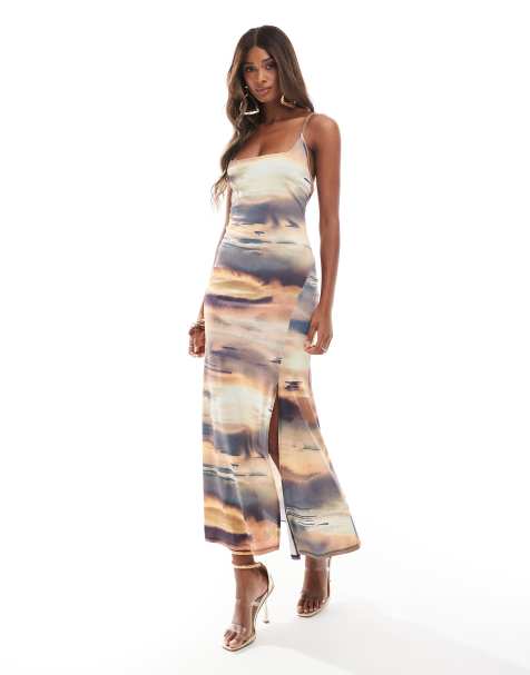 ASOS DESIGN square neck strappy back cami maxi dress in sunset print - view 1