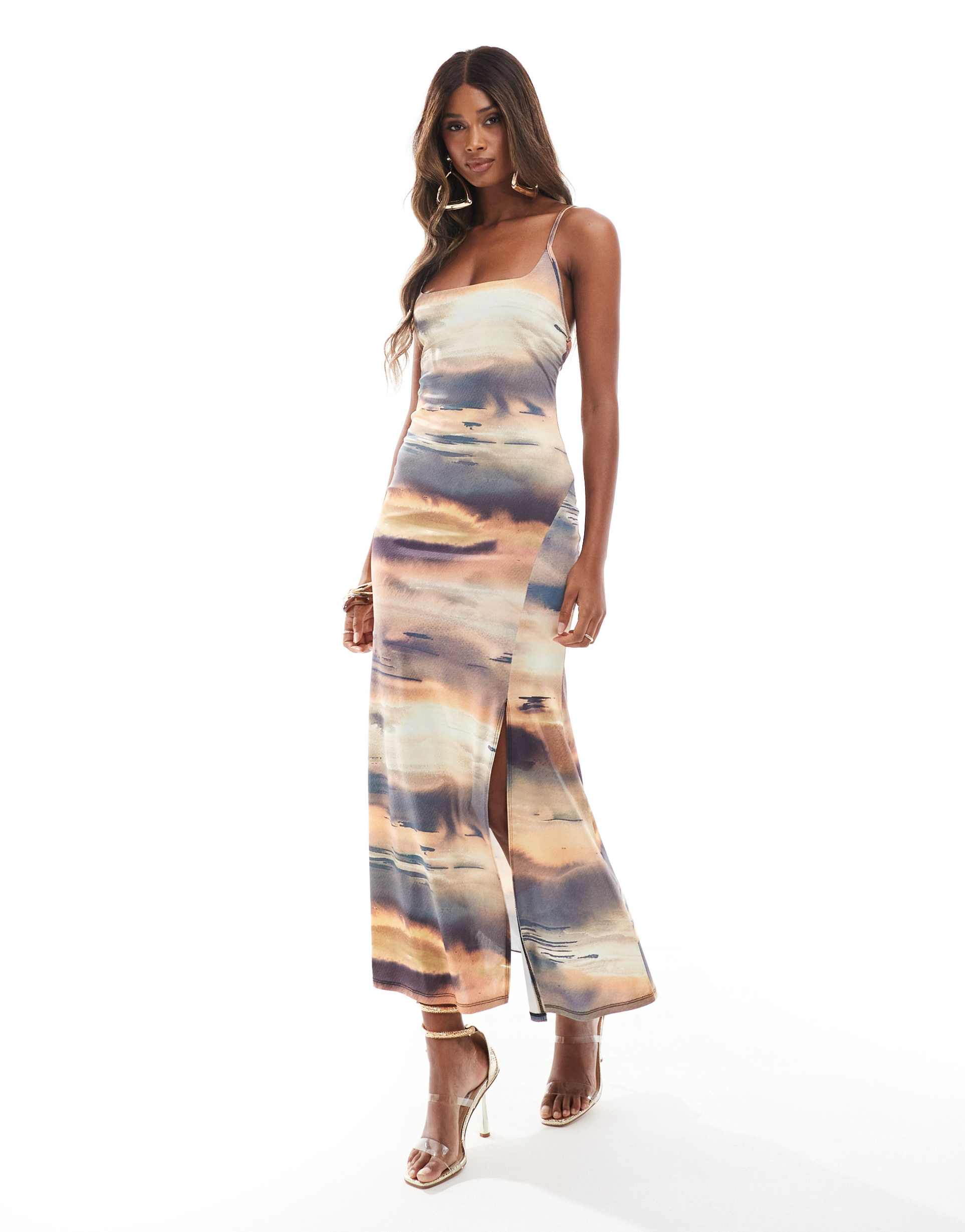 asos design square neck strappy back cami maxi dress in sunset print