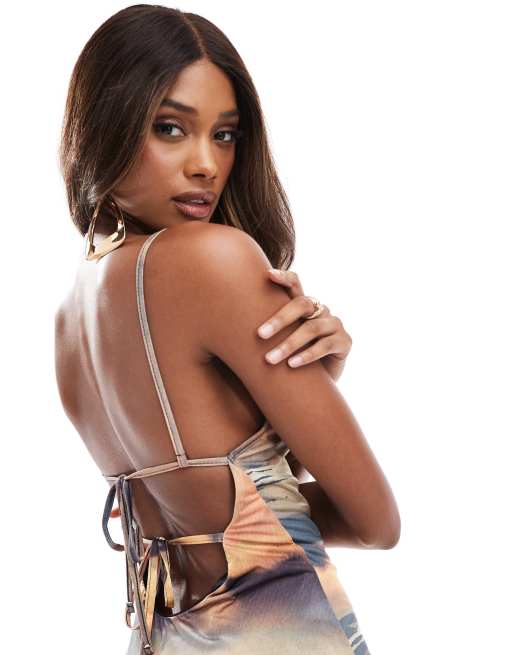 ASOS DESIGN square neck strappy back cami maxi dress in sunset print, 2 of 4