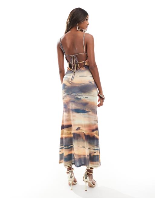 ASOS DESIGN square neck strappy back cami maxi dress in sunset print, 3 of 4