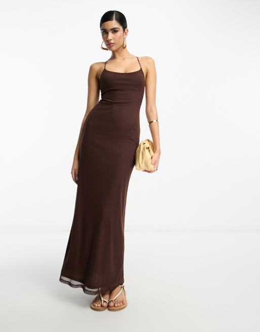 ASOS DESIGN square neck strappy maxi dress in brown