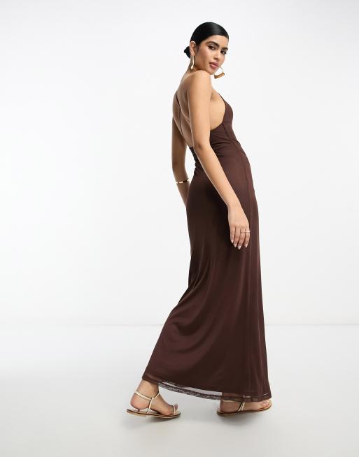 ASOS DESIGN deep cowl neck mesh maxi dress with exposed bra detail in brown  tonal stripe