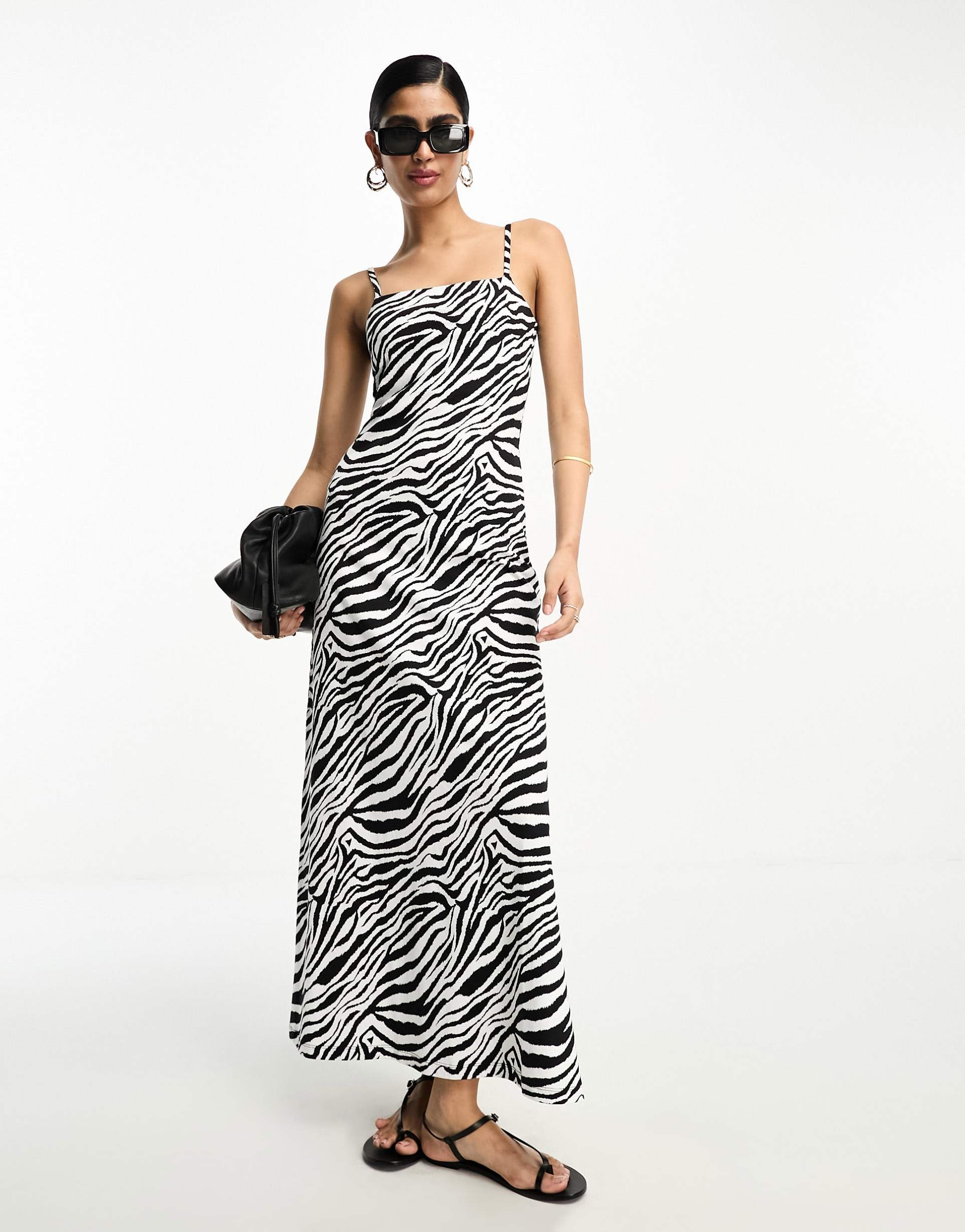 asos design square neck strappy maxi dress in zebra print