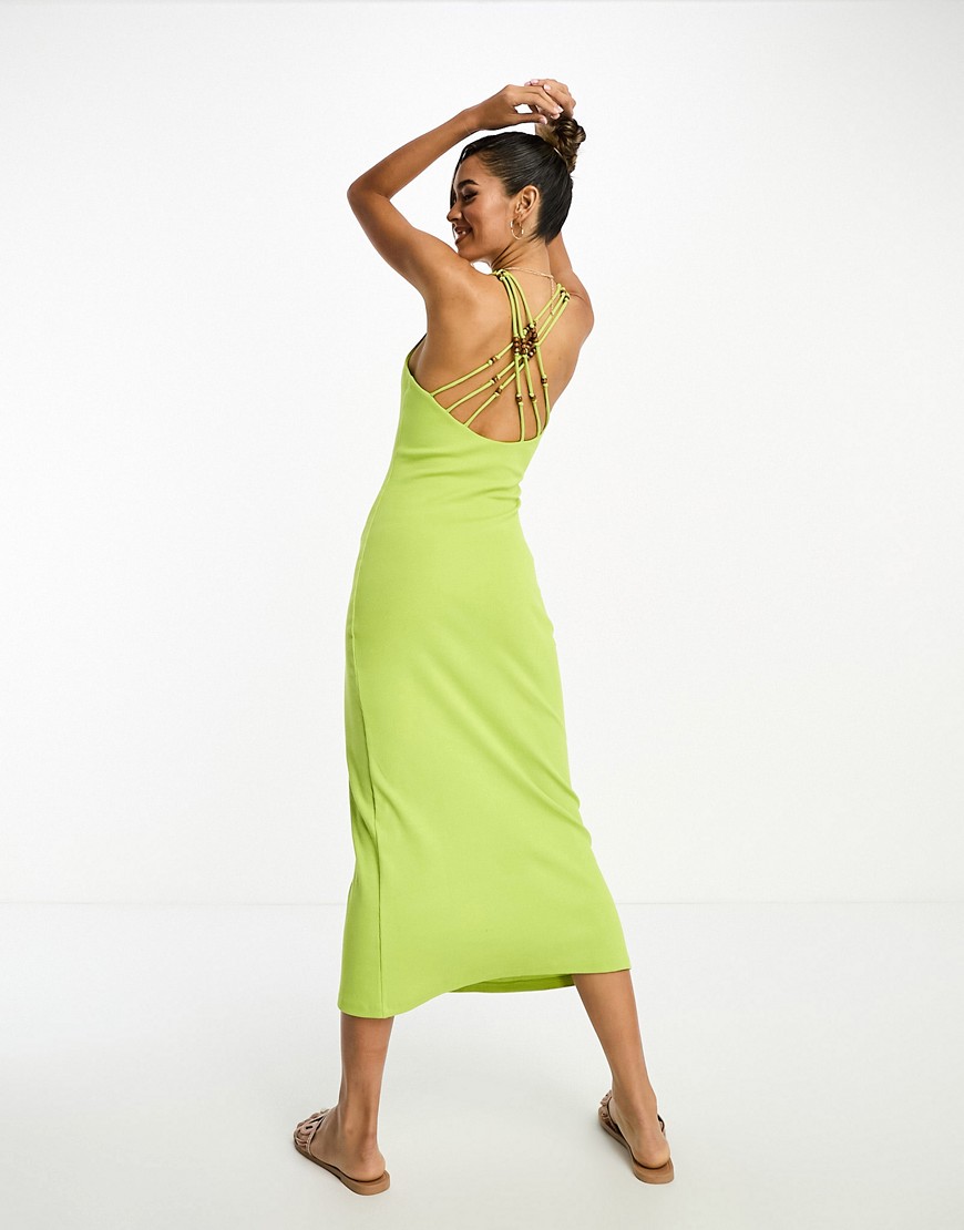 ASOS DESIGN square neck strappy ribbed midi bodycon dress with wooden beads in chartreuse-Green