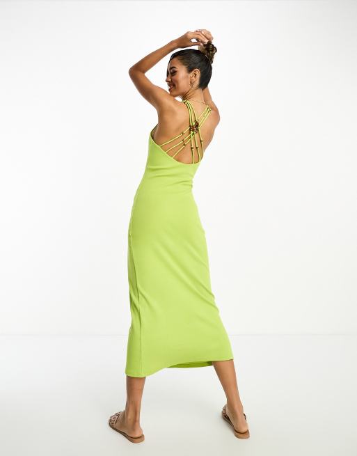 ASOS DESIGN square neck strappy ribbed midi bodycon dress with wooden beads  in chartreuse