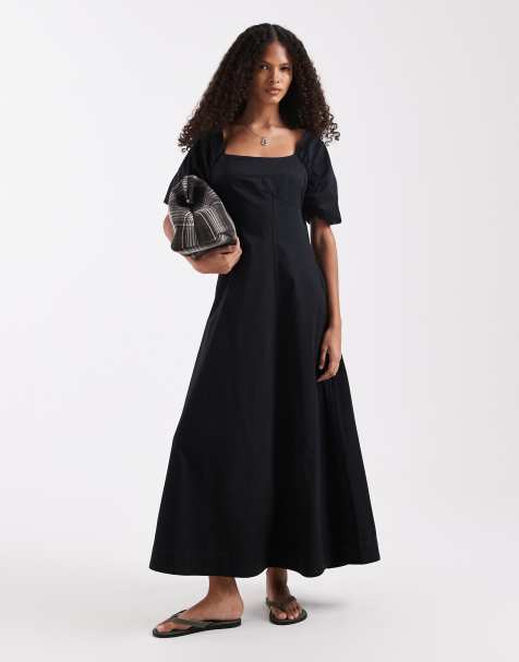 ASOS DESIGN square neck structured cotton blend midaxi dress with back strap in black - view 1