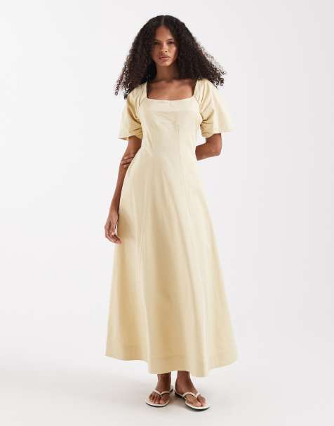 ASOS DESIGN square neck structured cotton blend midaxi dress with back strap in stone - view 1