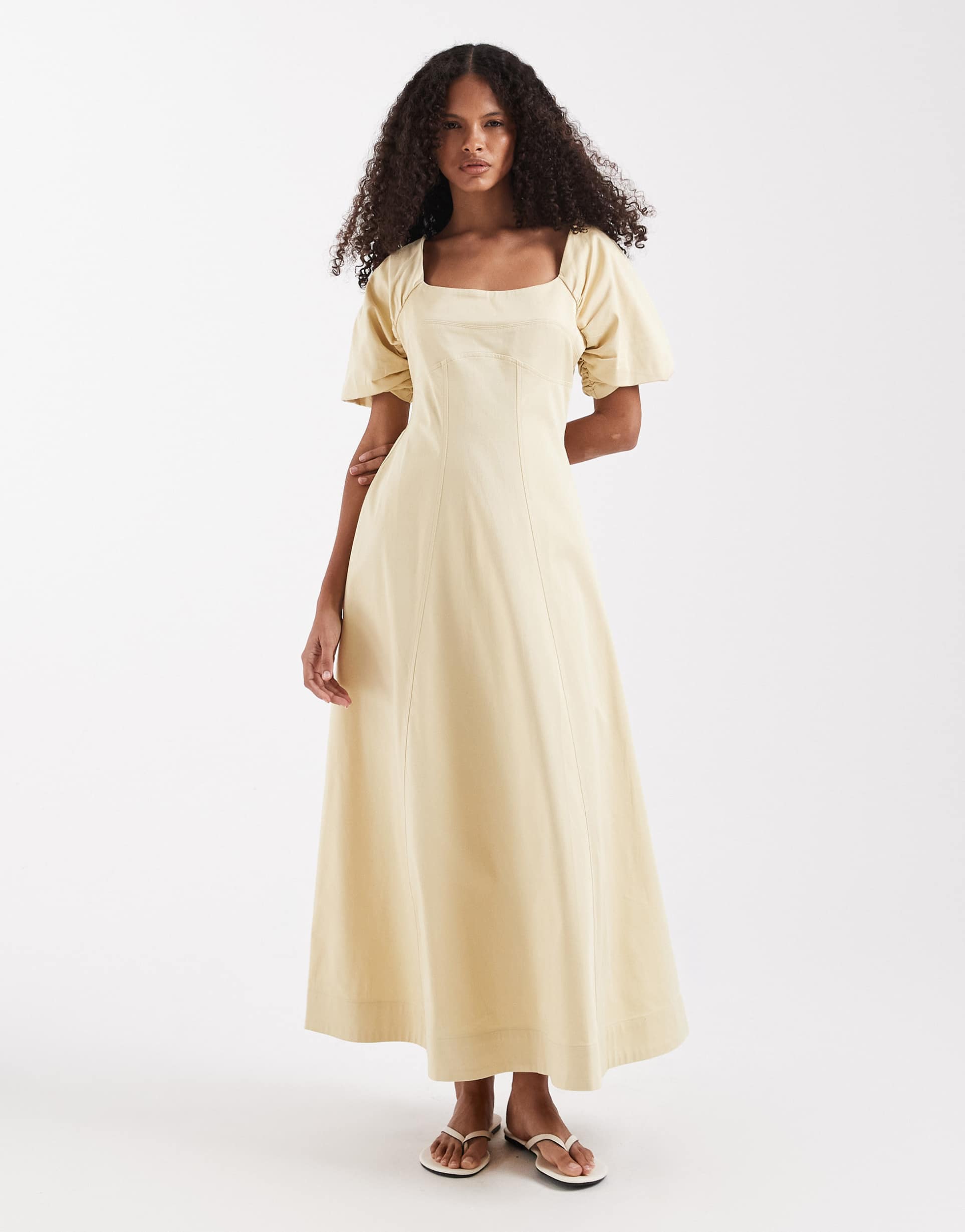 asos design square neck structured cotton blend midaxi dress with back strap in stone