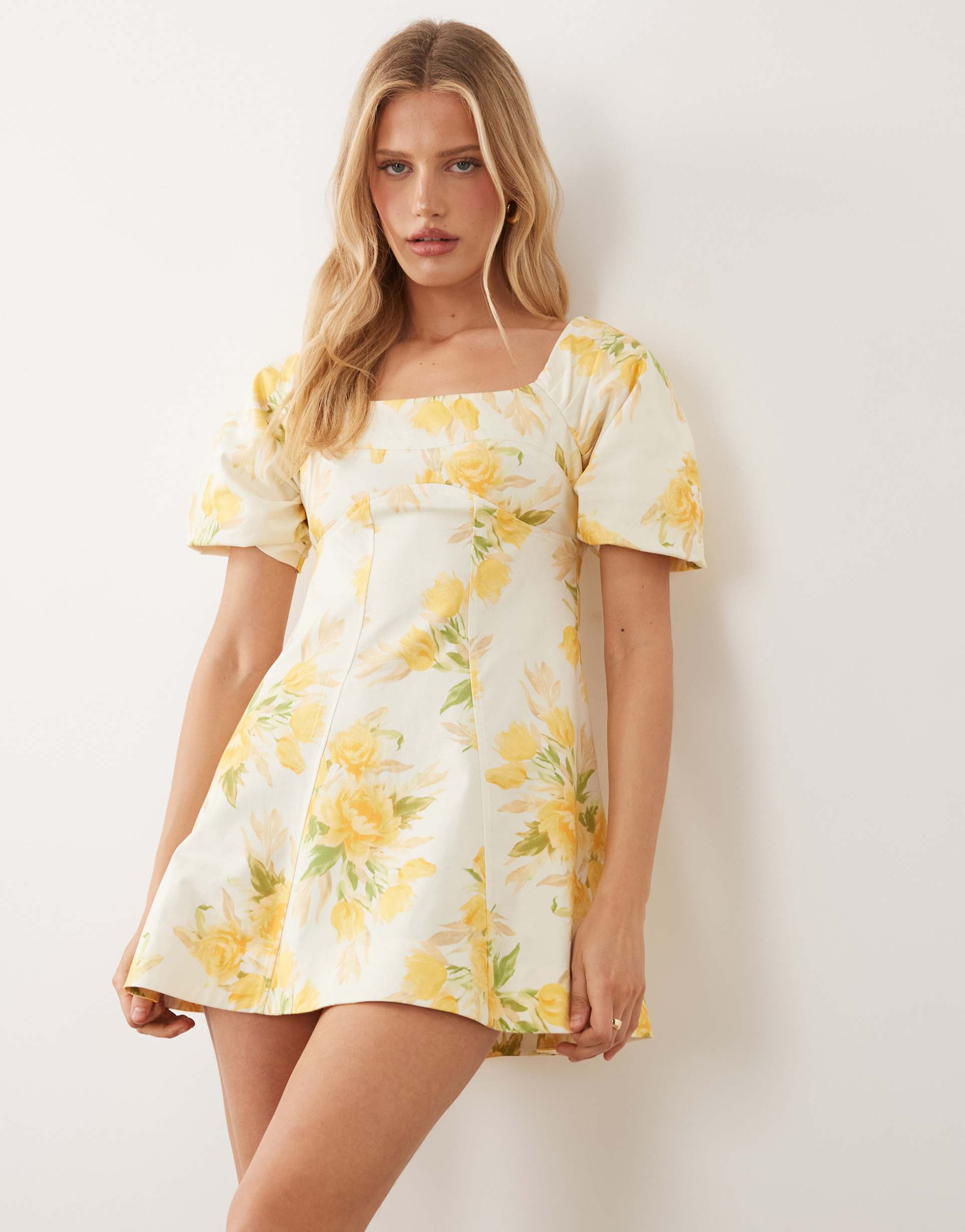 asos design square neck structured cotton blend mini dress with back strap in yellow floral print