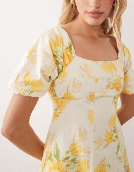 ASOS DESIGN square neck structured cotton blend mini dress with back strap in yellow floral print, 3 of 4