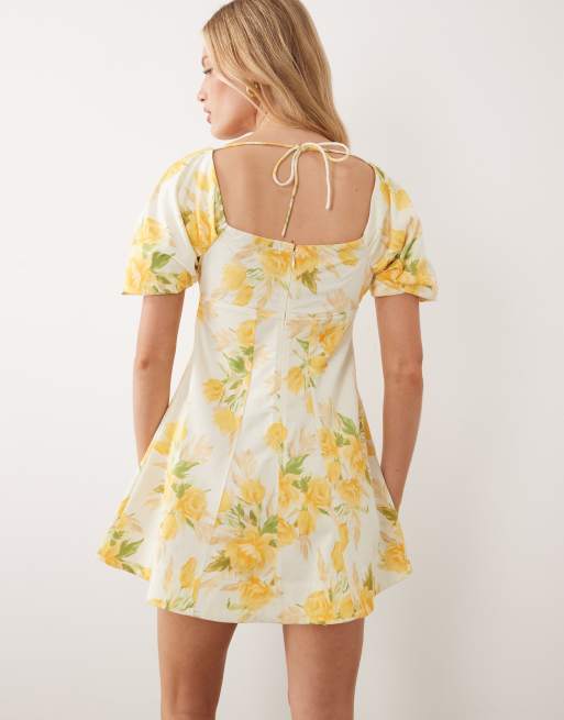 ASOS DESIGN square neck structured cotton blend mini dress with back strap in yellow floral print, 4 of 4