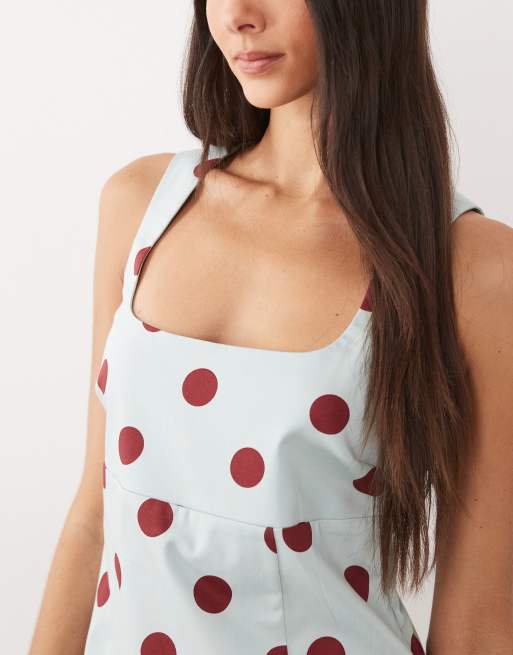 ASOS DESIGN square neck structured cotton blend mini sundress in blue and burgundy polka dots, 3 of 4