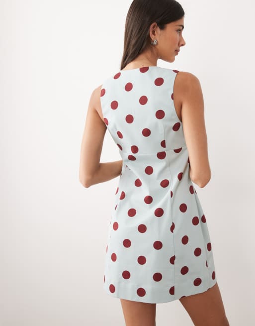 ASOS DESIGN square neck structured cotton blend mini sundress in blue and burgundy polka dots, 4 of 4