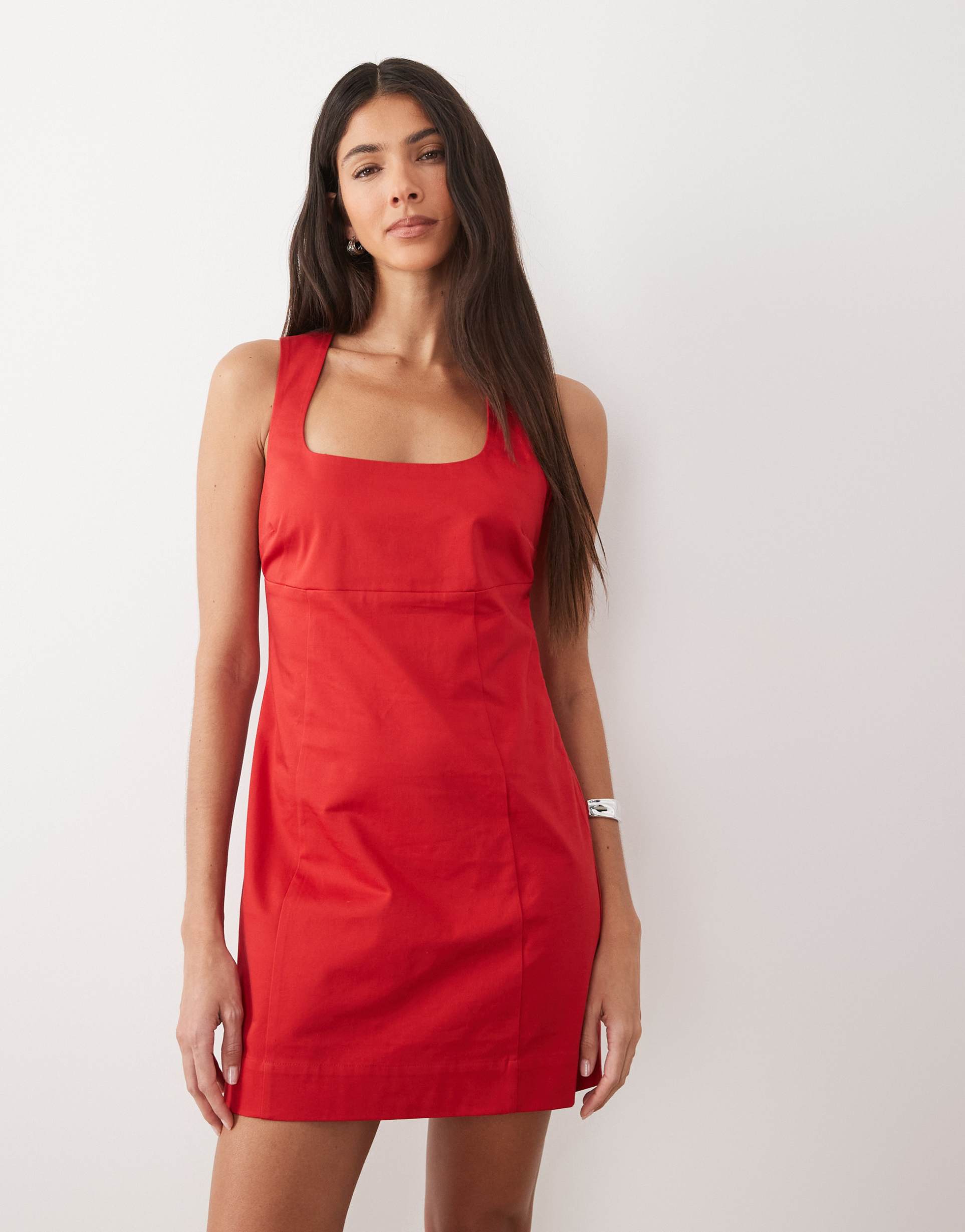 asos design square neck structured cotton blend mini sundress in tomato red