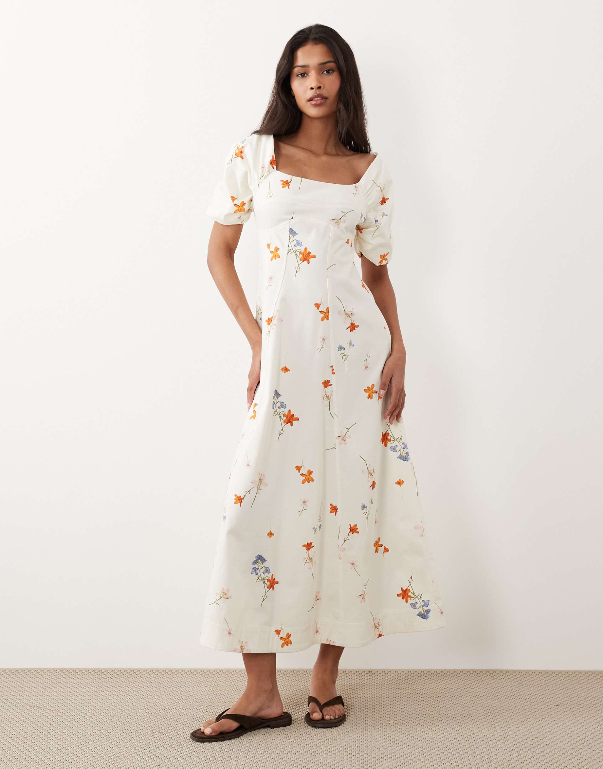 asos design square neck structured cotton midi dress with back strap in delicate floral print