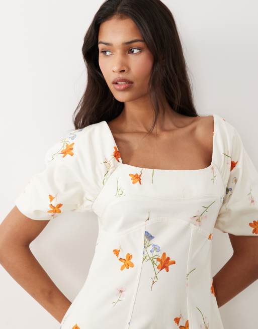 ASOS DESIGN square neck structured cotton midi dress with back strap in delicate floral print, 2 of 4