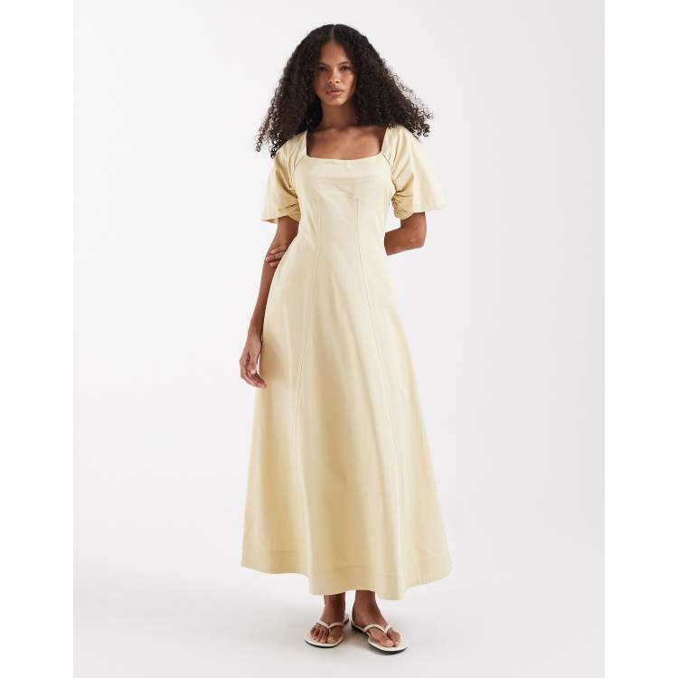 ASOS DESIGN square neck structured cotton midi dress with back strap in stone