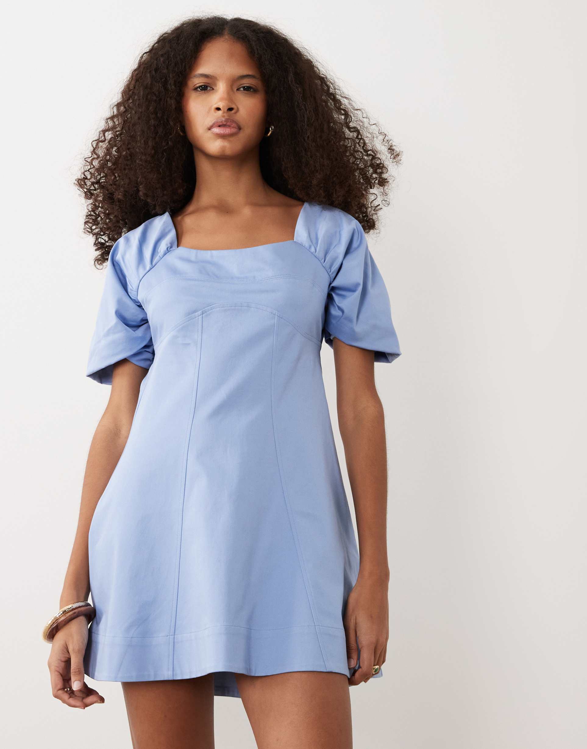 asos design square neck structured cotton mini dress with back strap in dusky blue