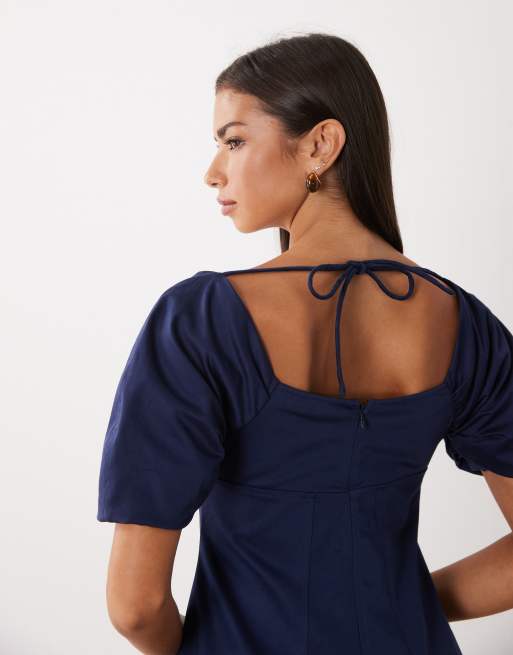 ASOS DESIGN square neck structured cotton mini dress with back strap in navy, 3 of 4