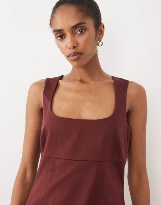 ASOS DESIGN square neck structured cotton mini sundress in chocolate, 4 of 4