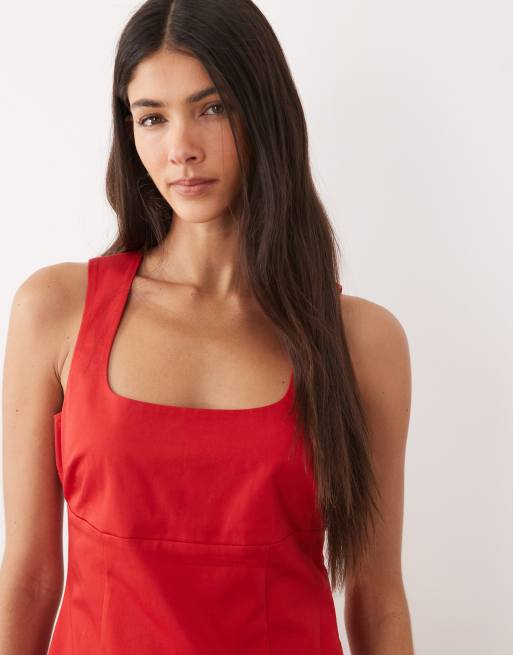 ASOS DESIGN square neck structured cotton mini sundress in tomato red, 3 of 4