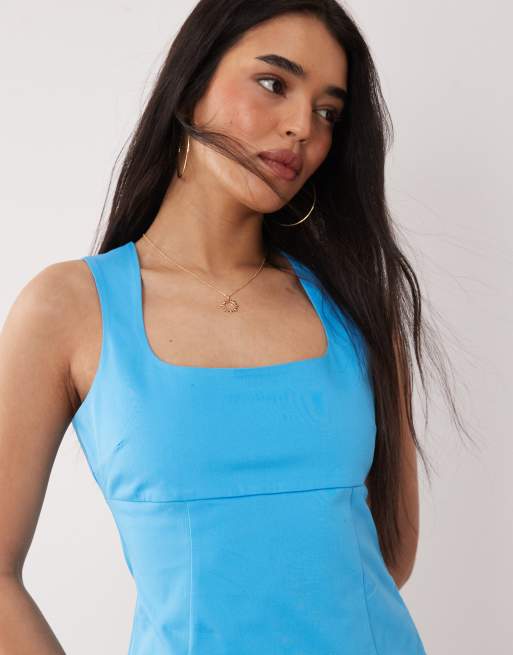 ASOS DESIGN square neck structured cotton mini sundress in turquoise, 2 of 4