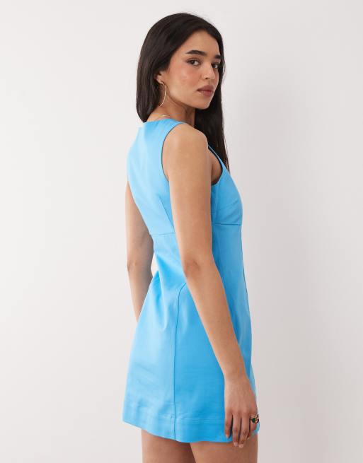 ASOS DESIGN square neck structured cotton mini sundress in turquoise, 4 of 4