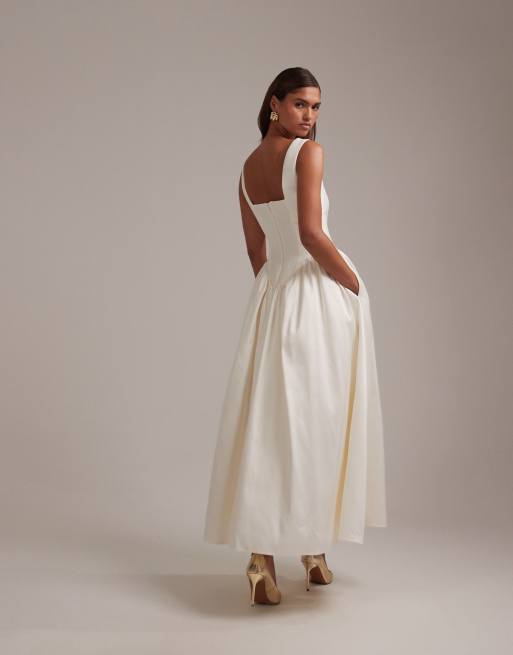 ASOS DESIGN square neck structured full skirt midi wedding dress in ivory, 3 of 6