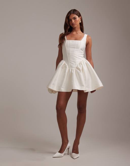 ASOS DESIGN square neck structured full skirt mini wedding dress in ivory, 3 of 6