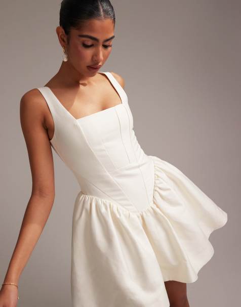 ASOS DESIGN square neck structured mini dress with full skirt in ivory