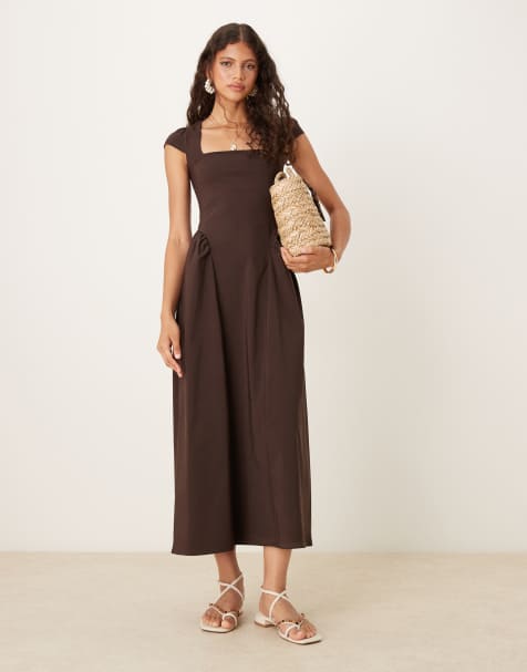 ASOS DESIGN square neck sundress with cap sleeves in chocolate - view 1