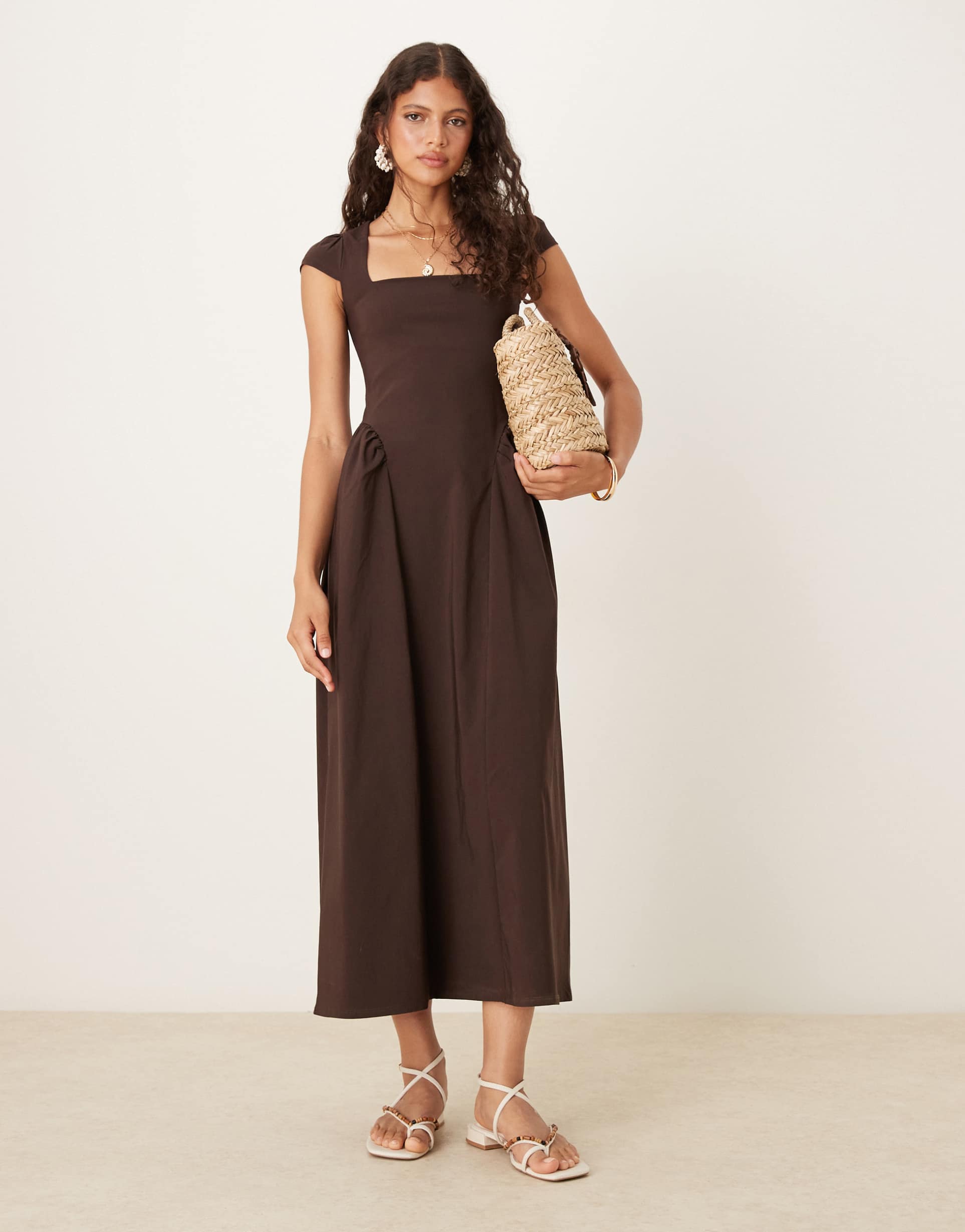 asos design square neck sundress with cap sleeves in chocolate