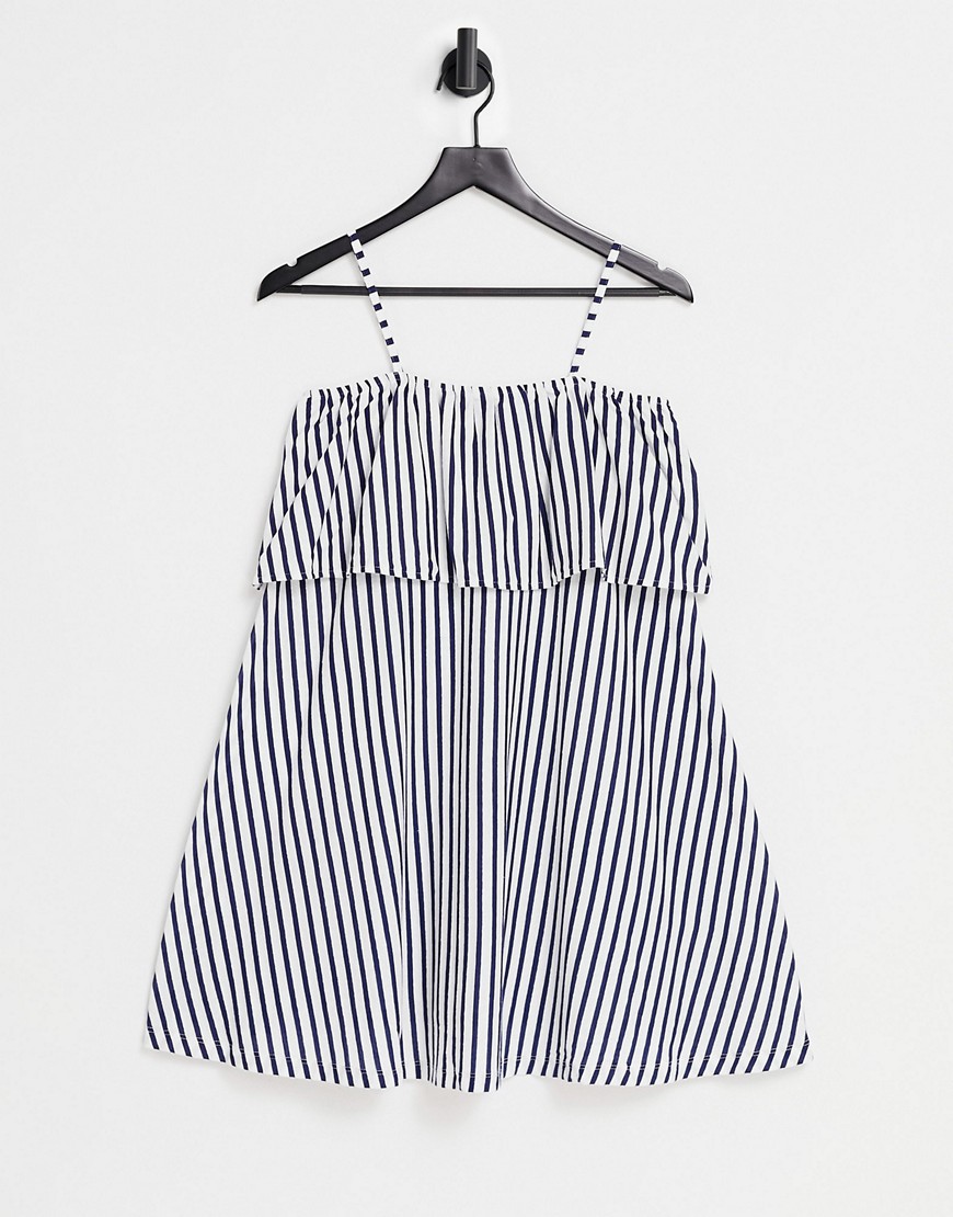 ASOS DESIGN square neck sundress with overlayer frill in navy and white stripe