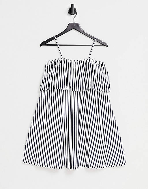  square neck sundress with overlayer frill in navy and white stripe 