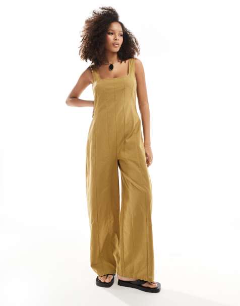 ASOS DESIGN square neck tennis jumpsuit in khaki - view 1