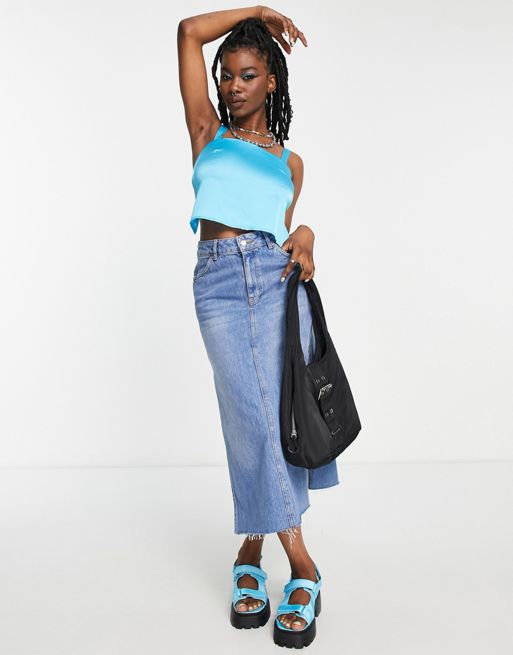 ASOS DESIGN festival ruffle longline cami with split front in blue