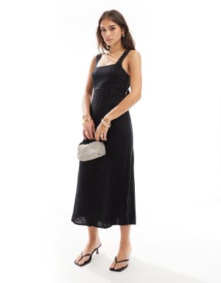 Asos Design Square Neck Tie Back Linen Midi Sundress In Black