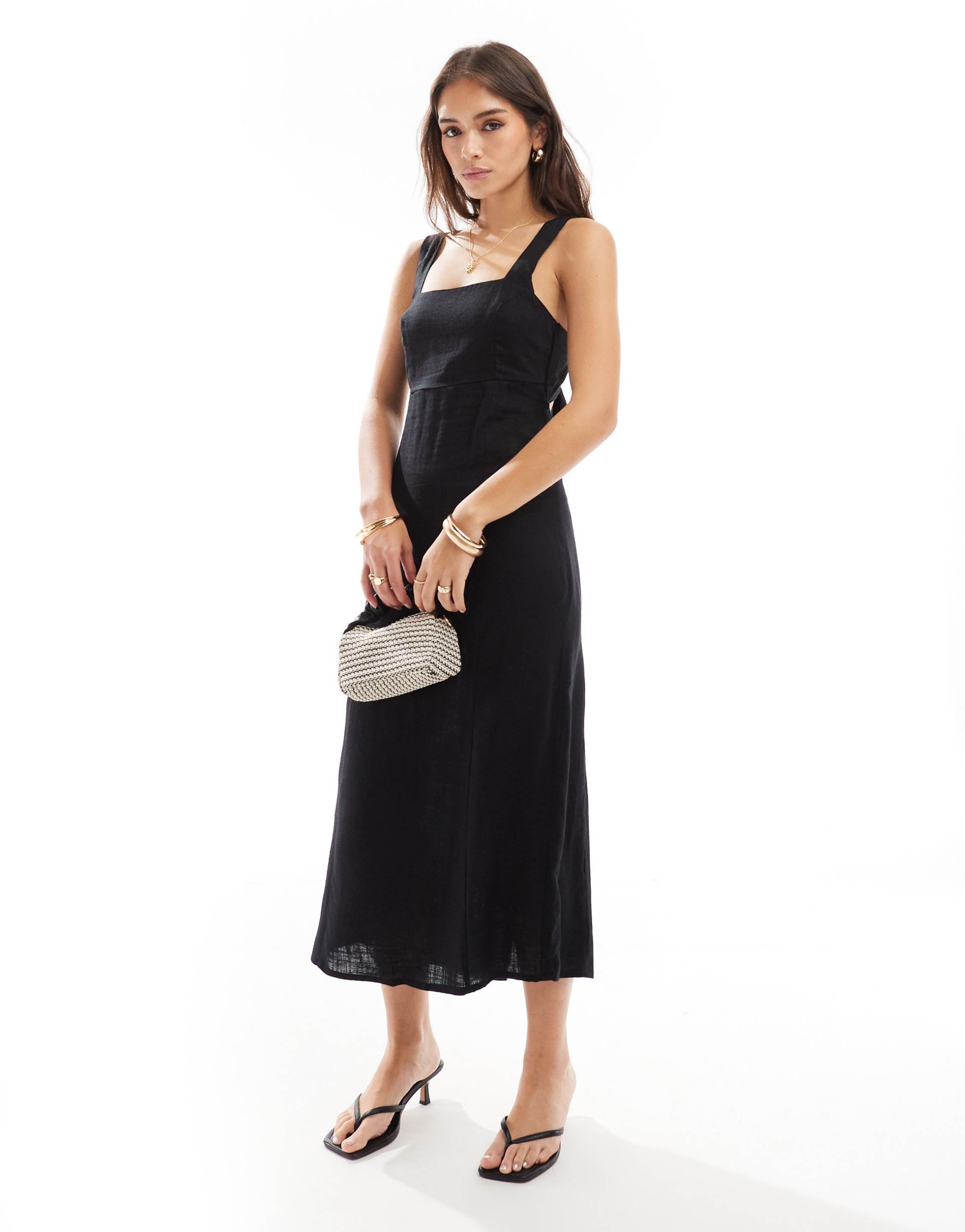 asos design square neck tie back linen midi sundress in black