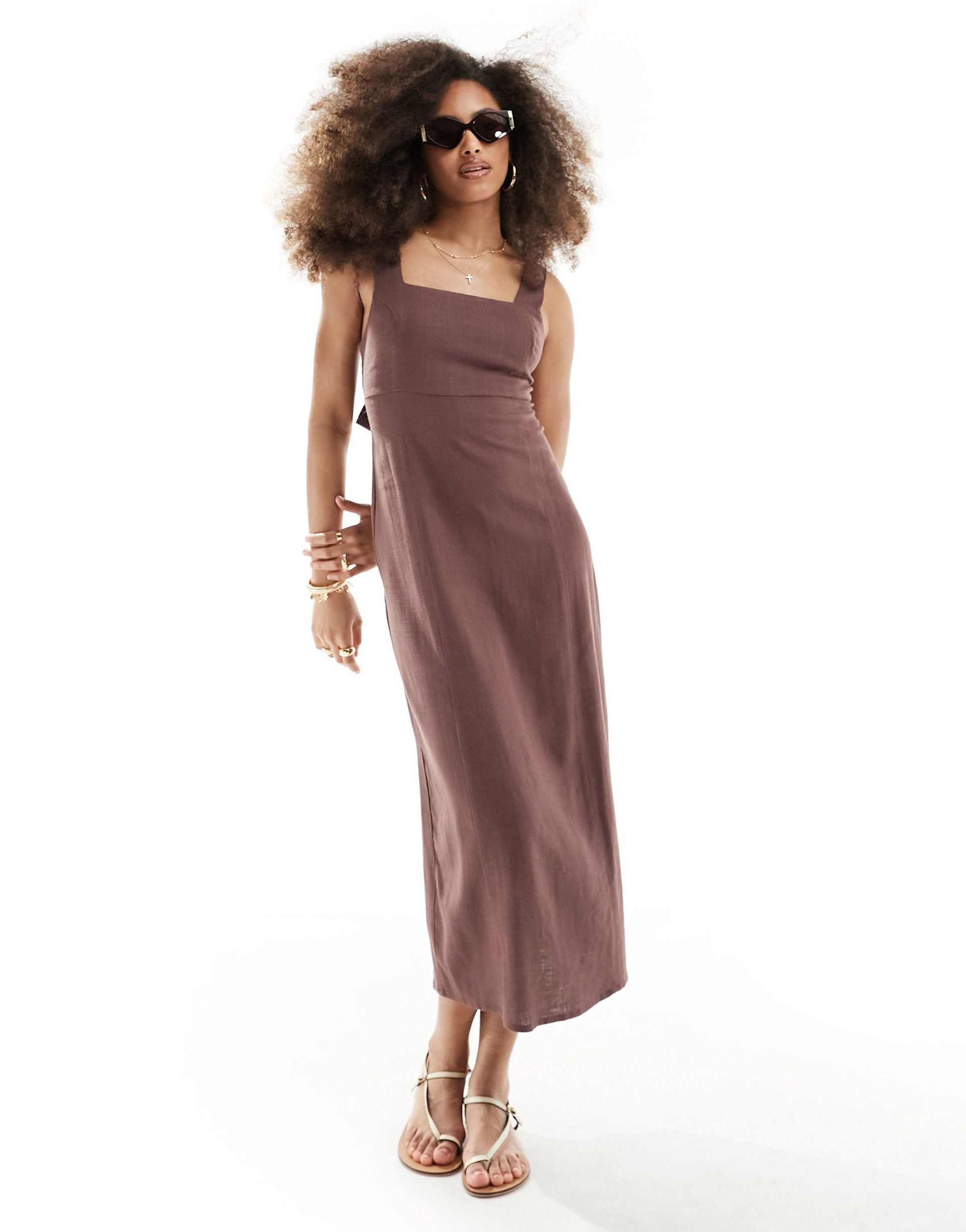 asos design square neck tie back linen midi sundress in chocolate brown