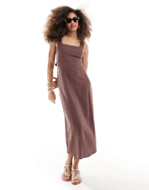 ASOS DESIGN square neck tie back linen midi sundress in chocolate brown