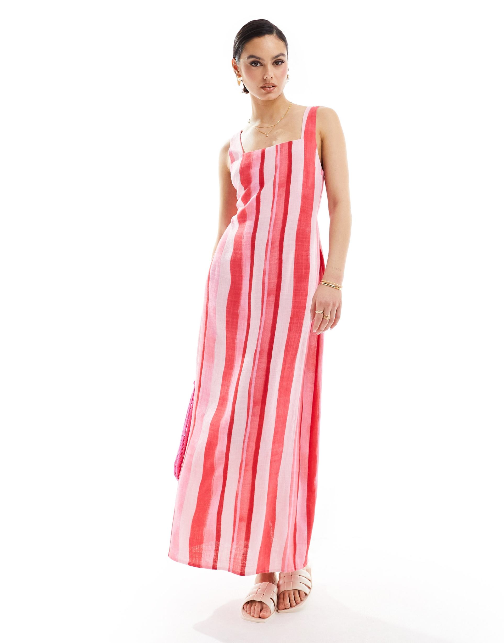 asos design square neck tie back linen midi sundress in pink blurred stripe