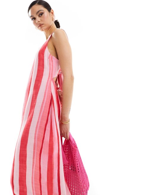ASOS DESIGN square neck tie back linen midi sundress in pink blurred stripe