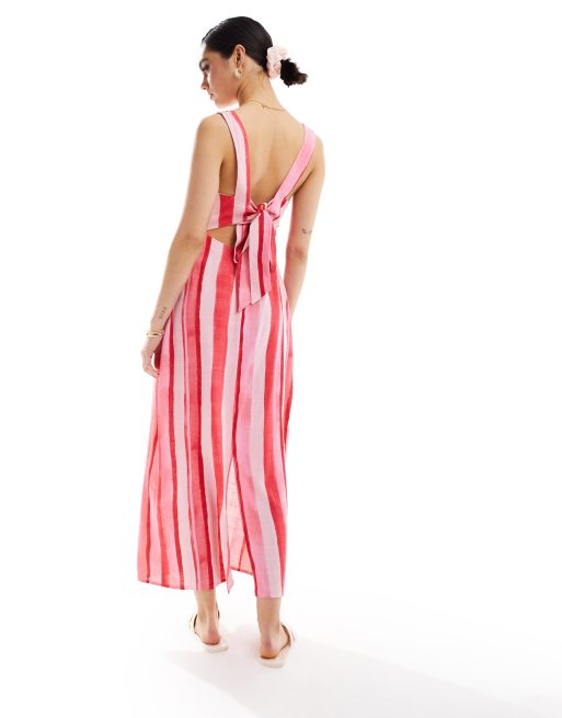 ASOS DESIGN square neck tie back linen midi sundress in pink blurred stripe