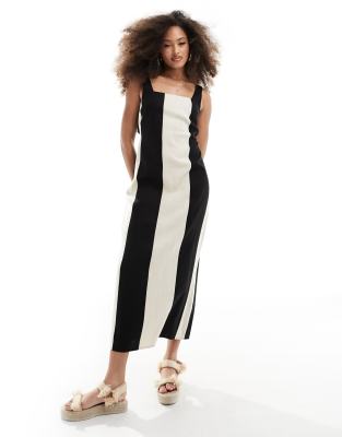 Asos Design Square Neck Tie Back Linen Midi Sundress In Wide Mono Stripe-multi