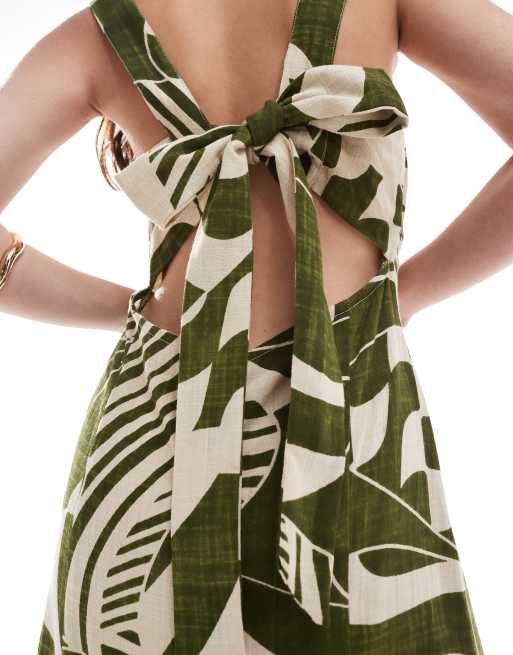 ASOS DESIGN square neck tie back linen mini sundress in green abstract print, 2 of 4