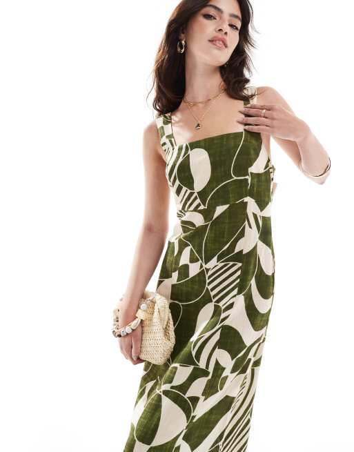 ASOS DESIGN square neck tie back linen mini sundress in green abstract print, 4 of 4