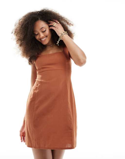 ASOS DESIGN square neck tie back linen mini sundress in terracotta